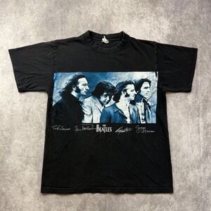 Vintage The Beatles Band Graphic T-Shirt Black Blue Photo Print Mens Large